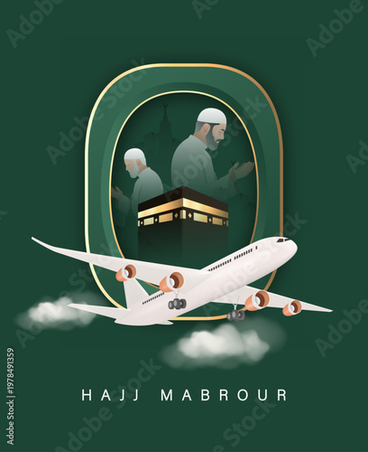 Hajj Mubarak Poster Design with Airplane Travel Concept and Kaaba Arch Window Illustration