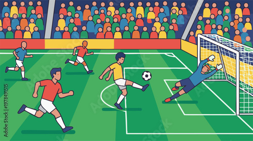 Soccer game action with a player taking a shot on goal and a diving goalkeeper