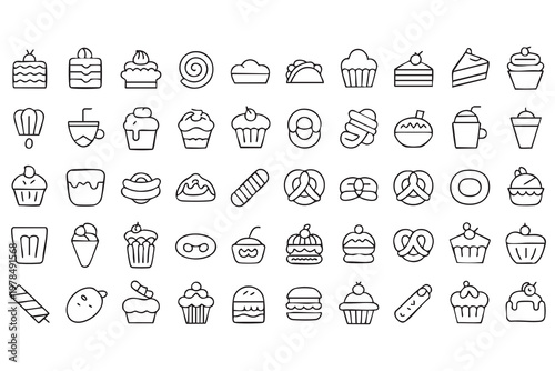 Bakery and Fast Food Outline Icons for Menu and Restaurant Design