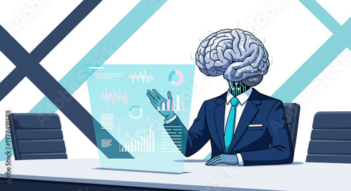 Artificial intelligence executive presenting futuristic data analysis in the boardroom