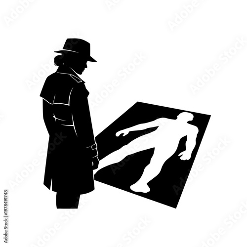 Silhouette of detective examining chalk outline of body.