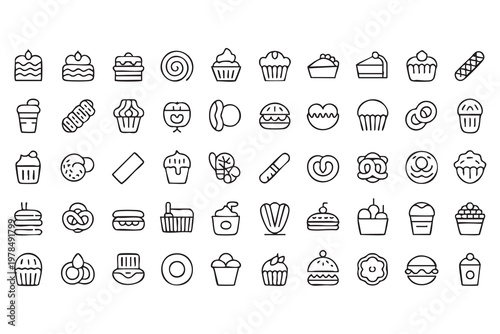 Fast Food and Bakery Outline Icon Set for Branding and Packaging