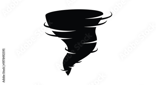 Dramatic swirling tornado shape depicted in a stark black color silhouette