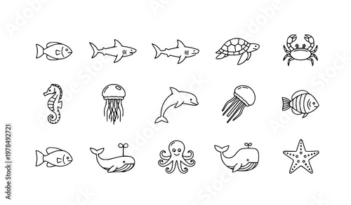 Sea life line icons set with fish shark turtle and marine wildlife vector collection