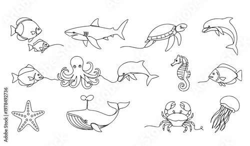 Continuous line sea life icons set with fish shark turtle and marine wildlife vector
