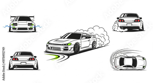 Set of five sports cars in motion with smoke effects.