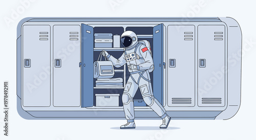 Astronaut preparing for space journey organizing gear in futuristic locker room interior