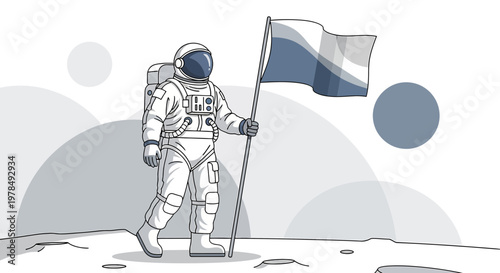 Astronaut Sketch with Flag on Moon's Surface Exploring Space Frontiers Mission
