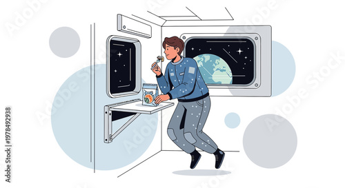 Astronaut savoring a meal with a view of Earth from a spacecraft, embracing the cosmos with a