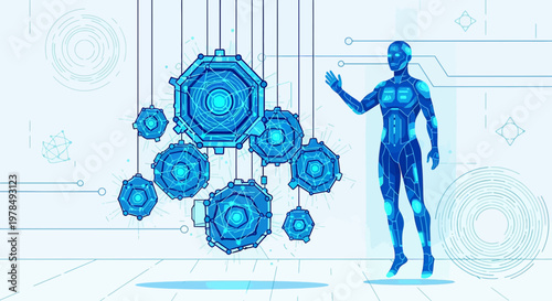 Artificial Intelligence Showcase: A Robotic Figure Interacting with Advanced Technology Interface