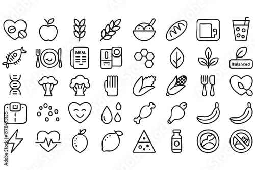 Nutrition and Diet Icon Collection Featuring Organic Food and Fitness