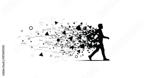 silhouette of person running with exploding geometric shapes