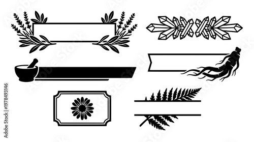 Blank herbal apothecary banners, magic crystal borders, flower frames, potion bottle, and mortar silhouette vectors for holistic health logo designs