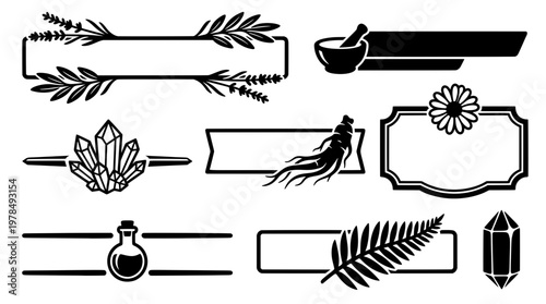 Black and white set of blank text banners, dividers and frames decorated with herbal apothecary plants, mystical crystals, and magic potion bottles