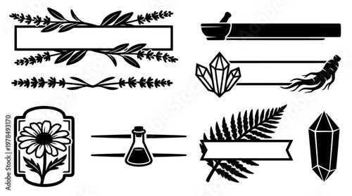 Solid black and white herbal apothecary banners, botanical text labels and mystical crystal frames featuring ginseng, potion and fern leaf designs