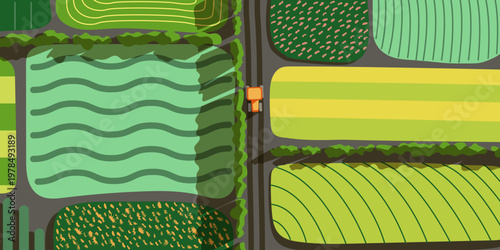 Aerial View of Agricultural Fields with Working Tractor on Farm Land Flat Vector Illustration