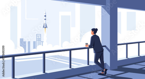 Aspiration: Businesswoman watching a rocket launch embodies ambition and vision of the future