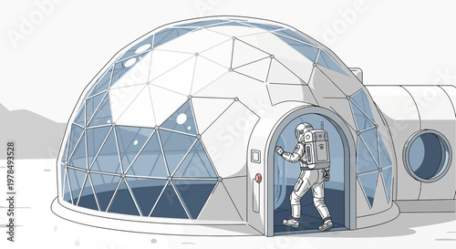 Astronaut entering futuristic lunar habitat dome with geometric design illustration
