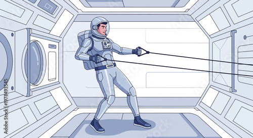 Astronaut exercising in a spaceship, maintaining fitness in zero gravity with resistance bands on