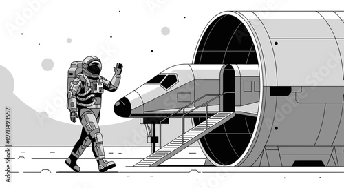 Astronaut Exploration Illustration in Grayscale Tones Minimalist Spacewalk Journey