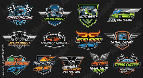 Collection of Racing Emblems and Logos with Speed and Turbo Themes.