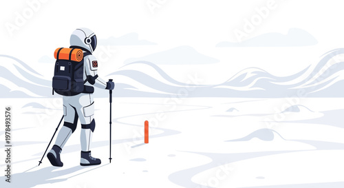Astronaut exploring a distant planet with backpack and trekking poles in snowy landscape