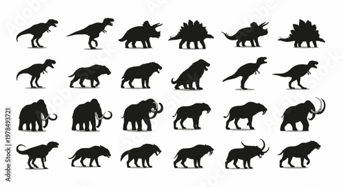 Extinct Prehistoric Wildlife Silhouettes Vector Illustration Set with Dinosaurs and Ice Age Megafauna
