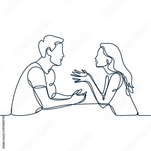 Continuous line drawing of couple talking with hands up showing expressions in an indoor setting on a blank background.