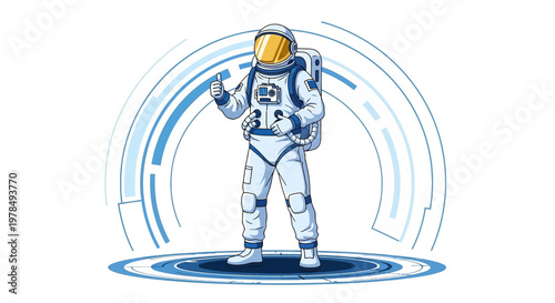 Astronaut in Futuristic Space Suit Giving Thumbs Up with Technological Elements in Blue