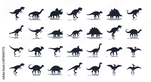 Collection of Ancient Dinosaur Silhouettes and Prehistoric Animal Vector Graphic Elements