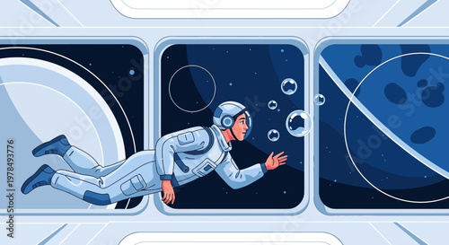 Astronaut in spaceship interior interacts with bubbles with view of space exploration scene
