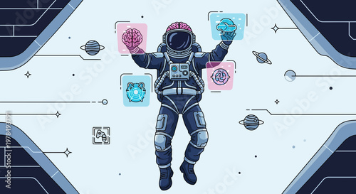 Astronaut in space managing abstract technology and future concepts with futuristic style