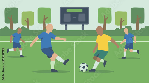 Flat design illustration of a soccer game with players on a green field