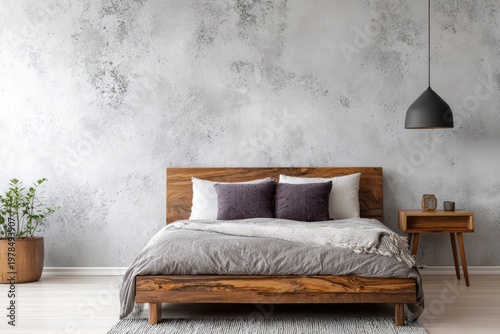 Cozy bedroom with a wooden bed and concrete wall.