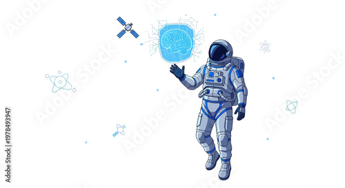 Astronaut interacting with holographic brain projection in vast space environment