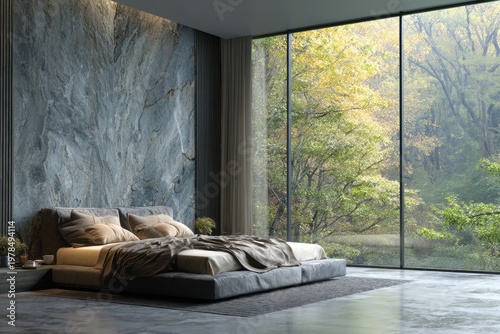 Modern bedroom with stone accent wall and forest view.