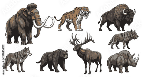 Tableau sur toile Ice Age Wildlife Vector Collection featuring Mammoth Sabertooth Tiger and Woolly