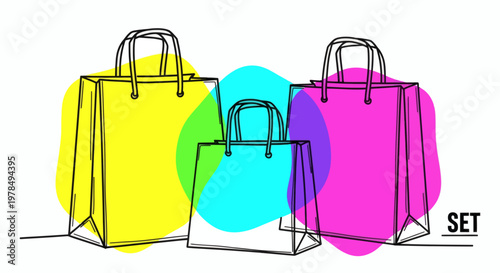 Elegant line drawn shopping bags with colorful overlapping watercolor style splashes, depicting retail, fashion, and consumer choices