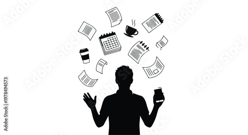 overwhelmed businessman with multiple tasks and paperwork