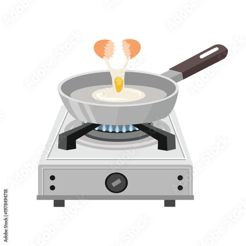 Cracking Egg in Frying Pan on Gas Stove. Frying Egg on Gas Stove. Egg Being Cracked. Preparing Fried Egg
