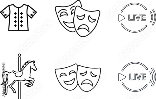 Theatrical performances and live events icons Vector, illustration