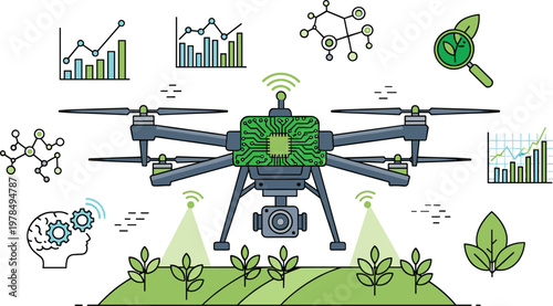 Smart agriculture drone analyzing crop growth with artificial intelligence data visualization and sensors for precision farming technology