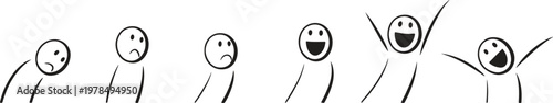 A sequence of stick figures illustrates the emotional journey from sadness to joy.