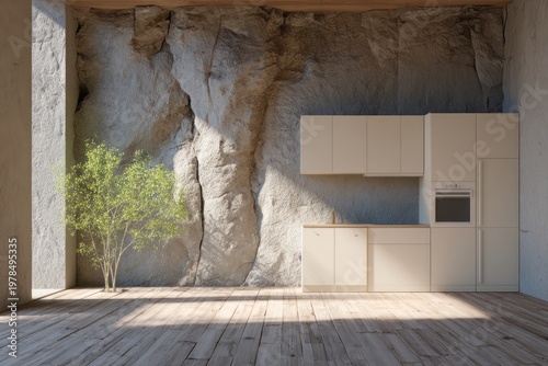 Modern kitchen with minimalist design nestled against a rock wall.