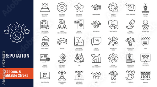 Reputation icon set. Icons related to reputation, trust, brand, perception, credibility, and more. Outline icon with Editable stroke. Vector illustration