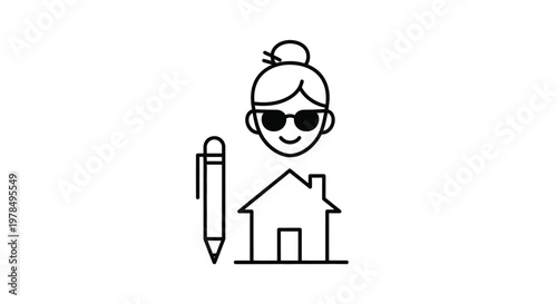 A simple black and white line drawing depicts a woman house and pen