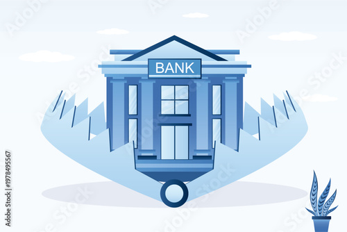 Bank building positioned as bait inside large steel trap, representing hidden risks of loans and financial debt metaphors in modern corporate world. Risk management.