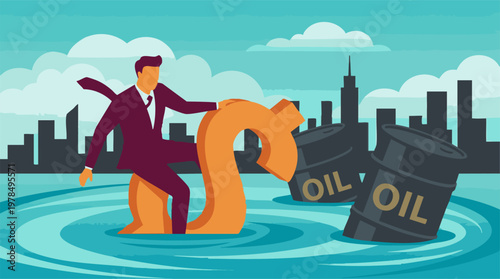 Businessman navigating an economic and oil market crisis with a sinking dollar