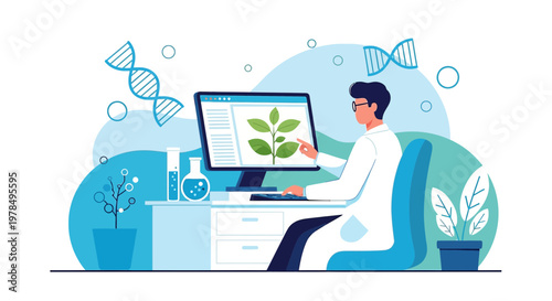 Botanical research professional examining plant data on a computer in a lab environment depicting