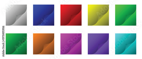 Realistic colorful page curl corner flip effect set square peeled paper folded design element vector bundle